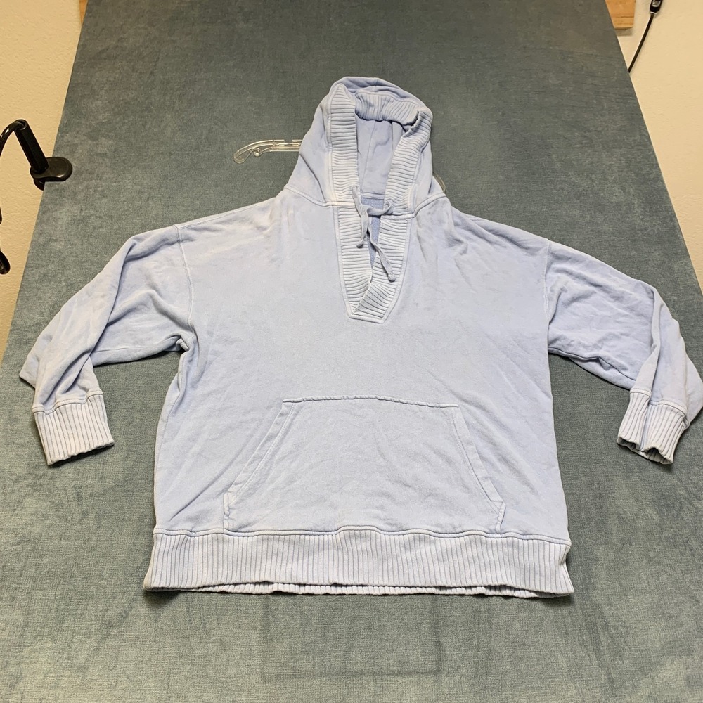 Aerie Hoodie Women XL Light Blue Fleece Lined Drawstring Kangaroo Pockets Ribbed